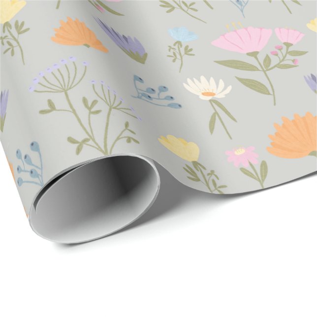 Papier Cadeau Prairie colorée sur gris (Coin rond)