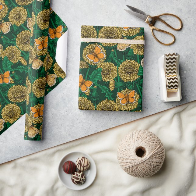 Papier Cadeau Pré de Dandelion sur vert foncé (Artisanat)