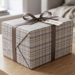 Papier Cadeau Préclassique Bleu Poudre Brun Tartan Carreaux