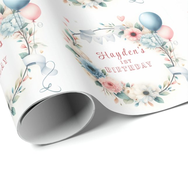 Papier Cadeau Premier anniversaire - Aquarelle Fleurs et ballons (Coin rond)