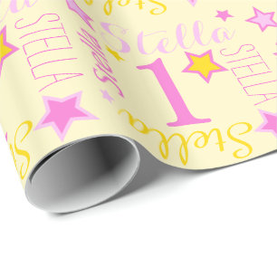 Papier Cadeau Premier anniversaire étoile nom personnalisé jaune