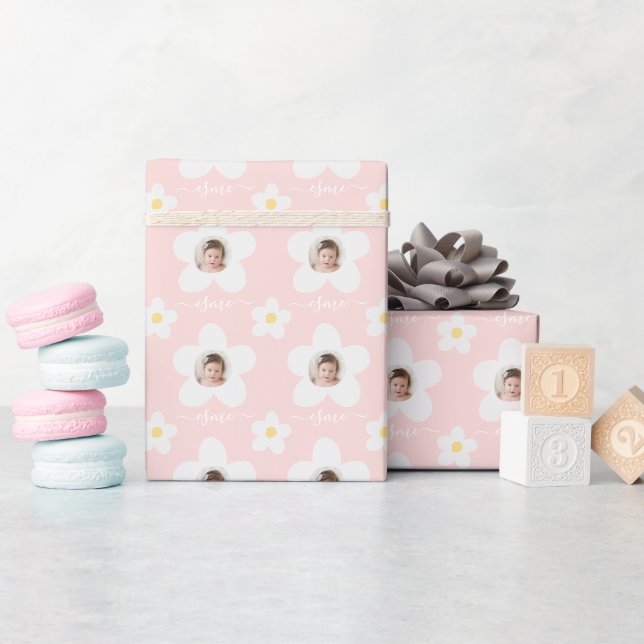 Papier Cadeau Premier anniversaire marguerite boho rétro rose ja (Baby Shower)