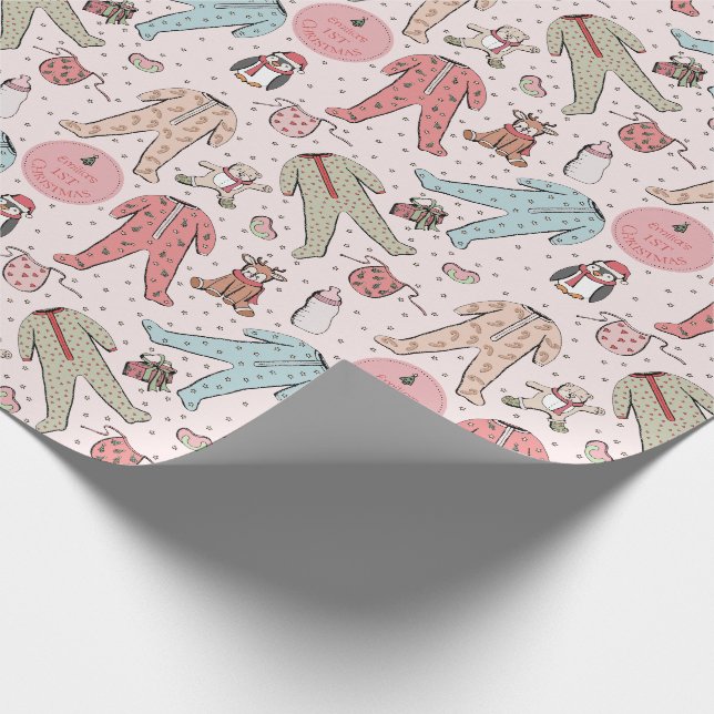 Papier Cadeau Premier Noël personnalisé du bébé rose mou (Coin)