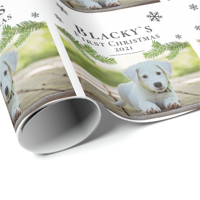 Papier Cadeau Premier Noël Pine Chien Chien Chien Pie Photo (Coin rond)