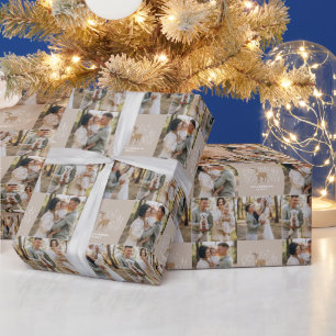 Papier Cadeau Premier renne beige de Noël élégant multi photo