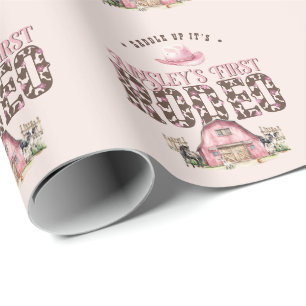 Papier Cadeau Premier Rodéo Cute Rose Personnalisé 1er anniversa