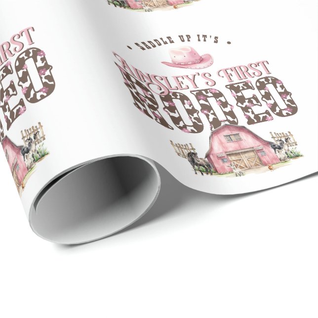 Papier Cadeau Premier Rodéo Cute Rose Personnalisé 1er anniversa (Coin rond)