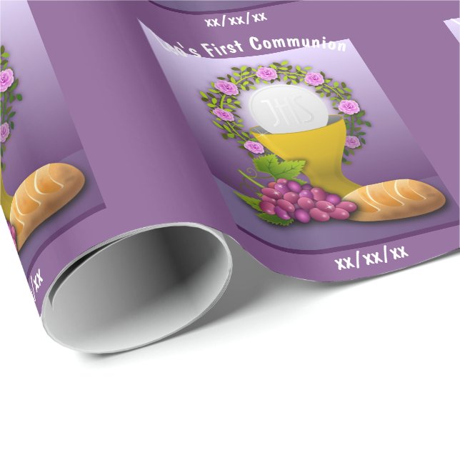 Papier Cadeau Première communion personnalisée Saint-Eucharistie (Coin rond)