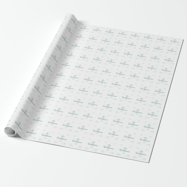 Papier Cadeau Première Communion sainte, Script en vert tendre (Déroulé)