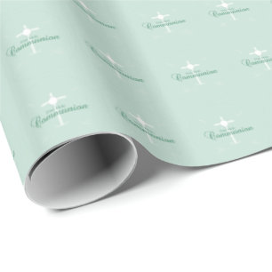 Papier Cadeau Première Communion sainte, Script en vert tendre