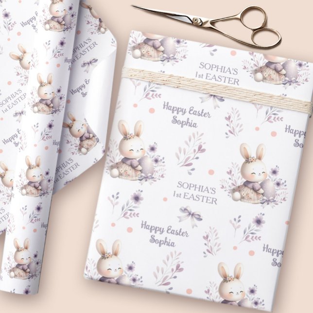 Papier Cadeau Première Fille de Pâques Bunny Nom personnalisé Pu (First Easter Girl Bunny Personalized Name Purple Wrapping Paper)