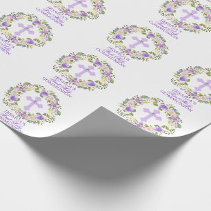 Papier Cadeau Première sainte communion de fille florale pourpr