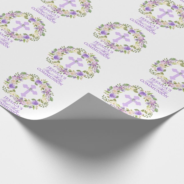 Papier Cadeau Première sainte communion de fille florale pourpre (Coin)