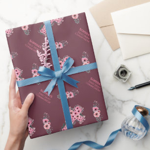 Papier Cadeau Première Sainte Communion Fille Rose Fleur Croix C