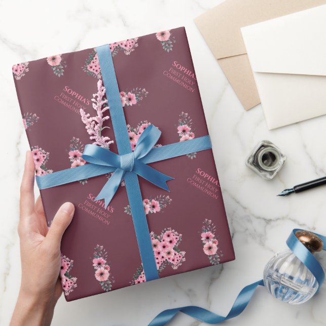 Papier Cadeau Première Sainte Communion Fille Rose Fleur Croix C (Cadeaux)