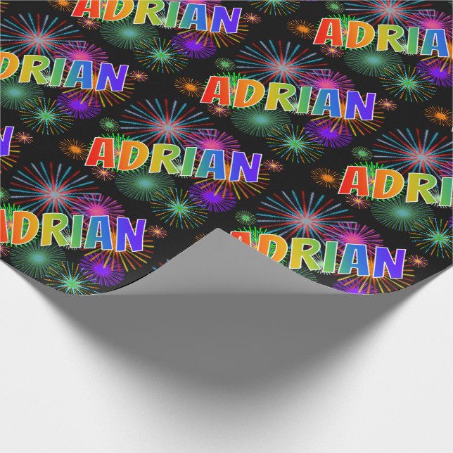 Papier Cadeau Prénom "ADRIAN" d'arc-en-ciel + Feux d'artifice (Coin)