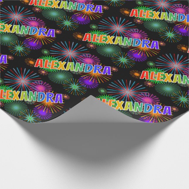 Papier Cadeau Prénom "ALEXANDRA" d'arc-en-ciel + Feux d'artifice (Coin)