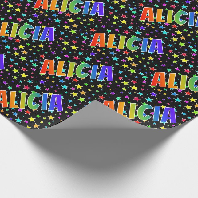 Papier Cadeau Prénom arc-en-ciel "ALICIA" + Stars (Coin)