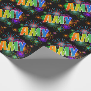Papier Cadeau Prénom arc-en-ciel "AMY" + feux d'artifice