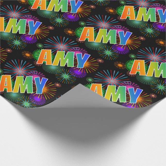 Papier Cadeau Prénom arc-en-ciel "AMY" + feux d'artifice (Coin)