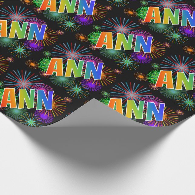 Papier Cadeau Prénom arc-en-ciel "ANN" + feux d'artifice (Coin)
