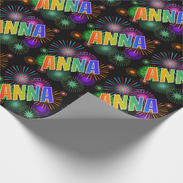 Papier Cadeau Prénom arc-en-ciel "ANNA" + feux d'artifice (Coin)