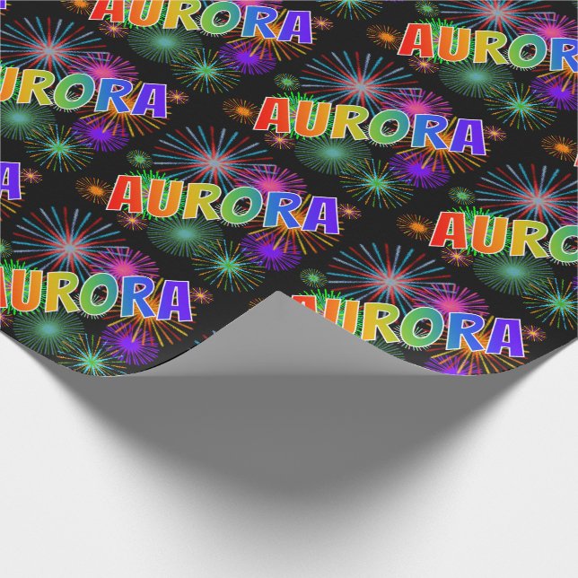 Papier Cadeau Prénom arc-en-ciel "AURORA" + Feu d'artifice (Coin)