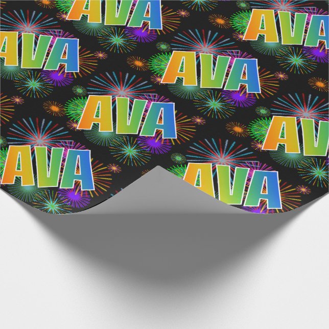 Papier Cadeau Prénom arc-en-ciel "AVA" + Fireworks (Coin)