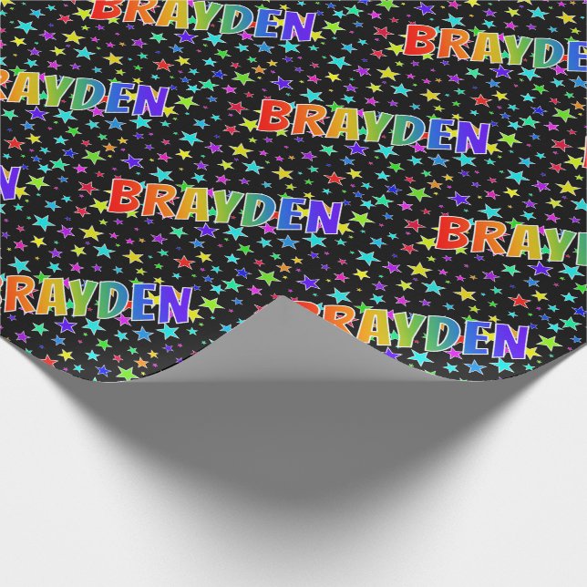 Papier Cadeau Prénom Arc-en-ciel "BRAYDEN" + Étoiles (Coin)