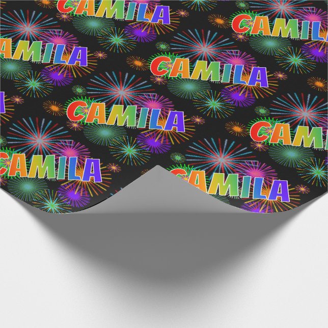 Papier Cadeau Prénom arc-en-ciel "CAMILA" + Feu d'artifice (Coin)
