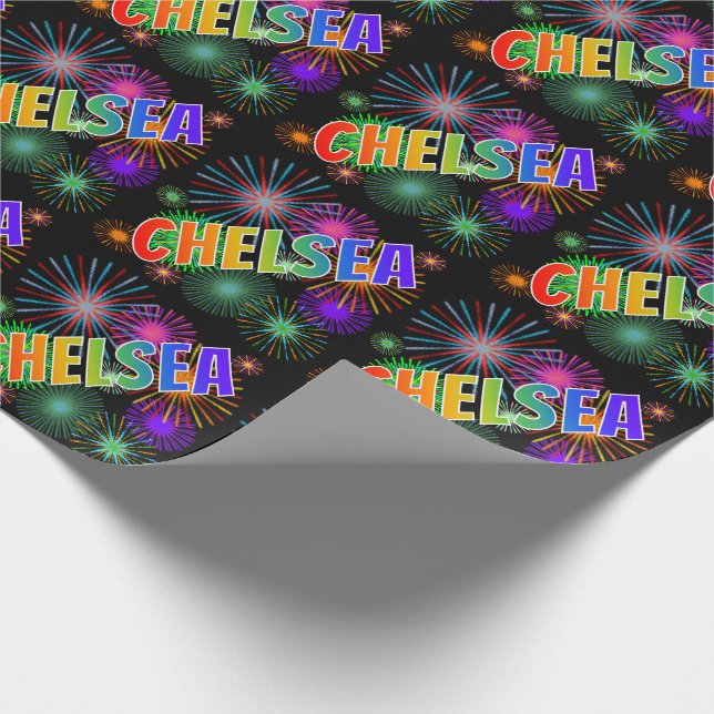 Papier Cadeau Prénom arc-en-ciel "CHELSEA" + feux d'artifice (Coin)