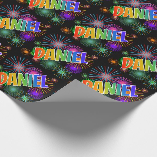 Papier Cadeau Prénom Arc-en-ciel "DANIEL" + Feu d'artifice (Coin)
