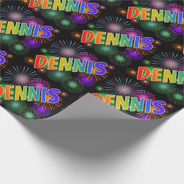 Papier Cadeau Prénom arc-en-ciel "DENNIS" + Feu d'artifice (Coin)