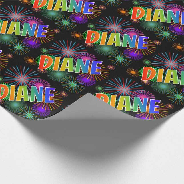 Papier Cadeau Prénom arc-en-ciel "DIANE" + feux d'artifice (Coin)
