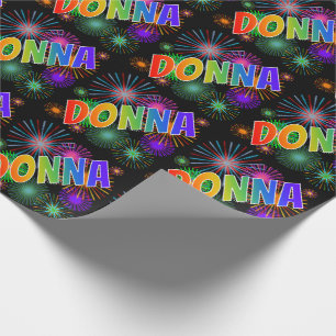 Papier Cadeau Prénom arc-en-ciel "DONNA" + feux d'artifice