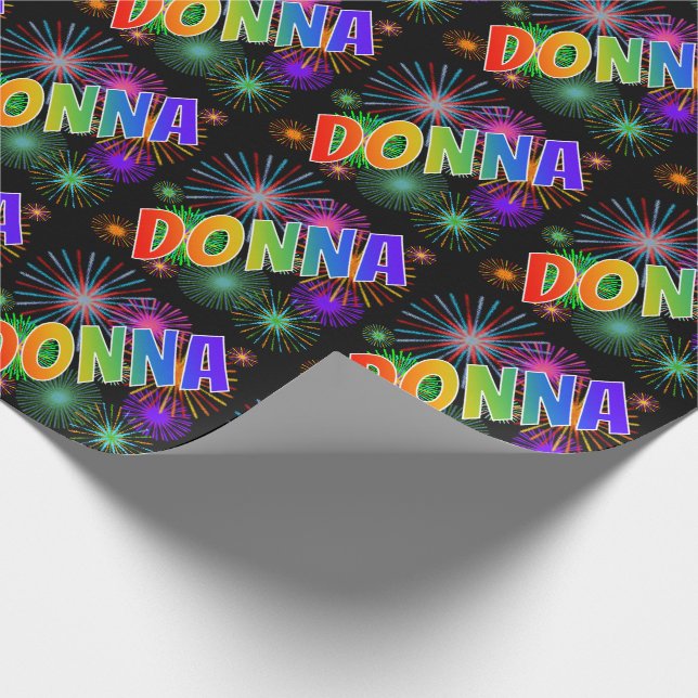 Papier Cadeau Prénom arc-en-ciel "DONNA" + feux d'artifice (Coin)