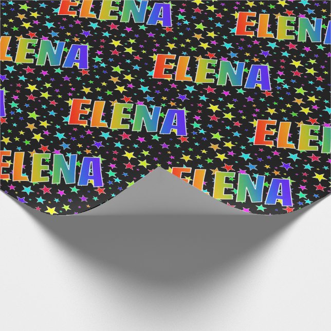 Papier Cadeau Prénom arc-en-ciel "ELENA" + Étoiles (Coin)