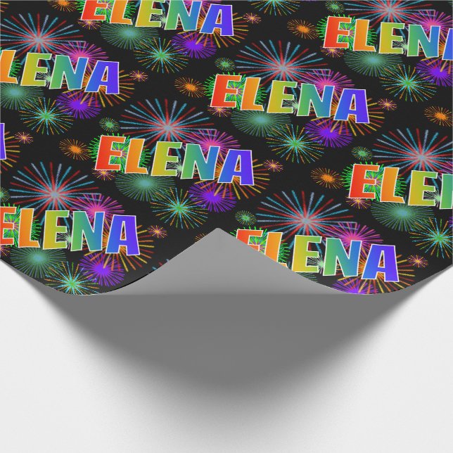 Papier Cadeau Prénom arc-en-ciel "ELENA" + feux d'artifice (Coin)