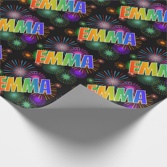 Papier Cadeau Prénom arc-en-ciel "EMMA" + Fireworks (Coin)