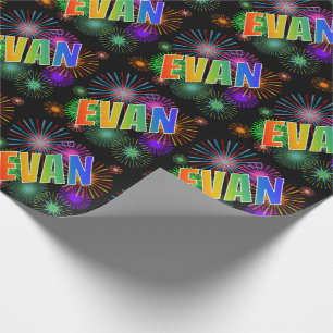 Papier Cadeau Prénom arc-en-ciel "EVAN" + feux d'artifice