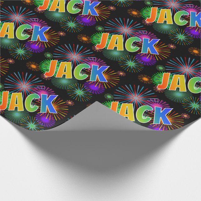 Papier Cadeau Prénom arc-en-ciel "JACK" + feux d'artifice (Coin)