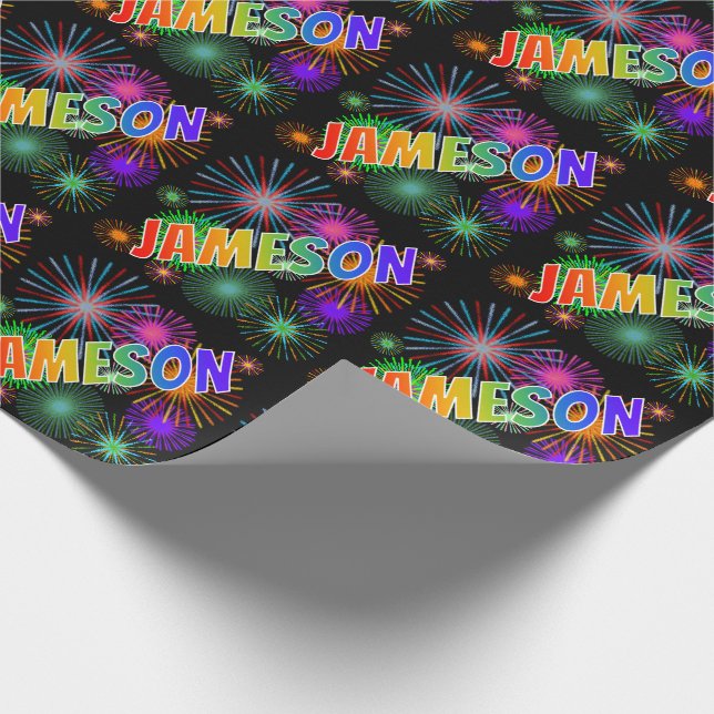 Papier Cadeau Prénom arc-en-ciel "JAMESON" + Feu d'artifice (Coin)