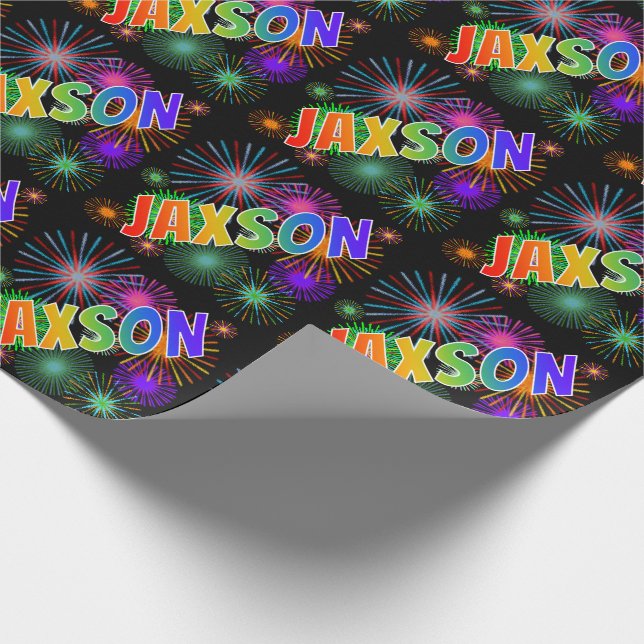 Papier Cadeau Prénom Arc-en-ciel "JAXSON" + Feu d'artifice (Coin)