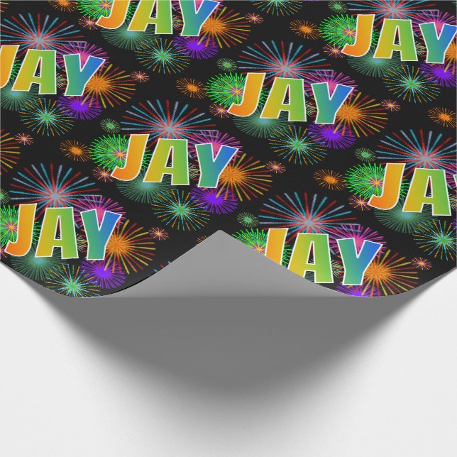 Papier Cadeau Prénom Arc-en-ciel "JAY" + Feu d'artifice (Coin)