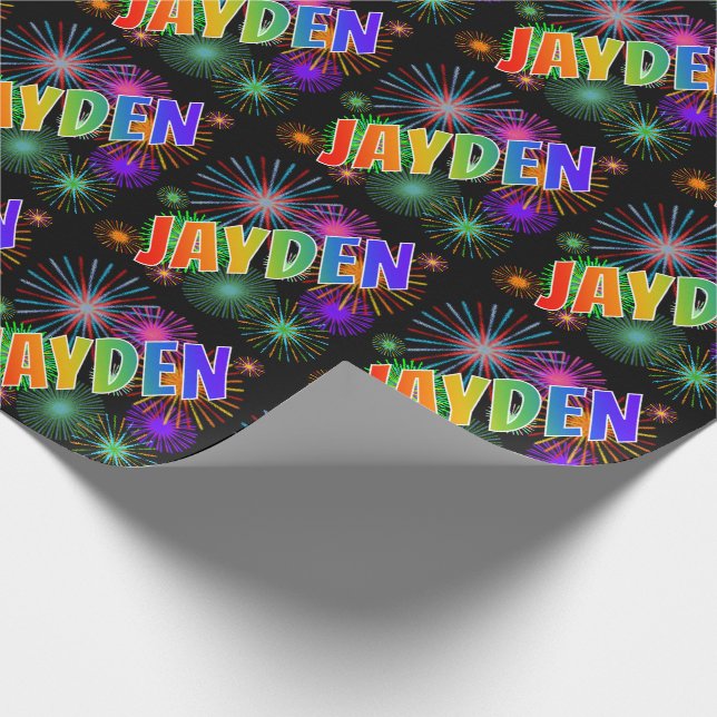 Papier Cadeau Prénom Arc-en-ciel "JAYDEN" + Feu d'artifice (Coin)