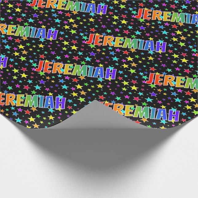 Papier Cadeau Prénom arc-en-ciel "JEREMIAH" + Étoiles (Coin)
