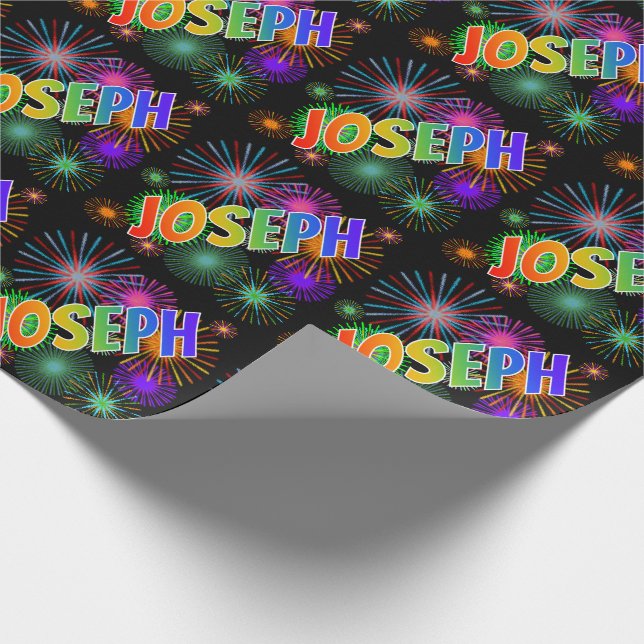 Papier Cadeau Prénom arc-en-ciel "JOSEPH" + feux d'artifice (Coin)