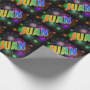 Papier Cadeau Prénom arc-en-ciel "JUAN" + feux d'artifice