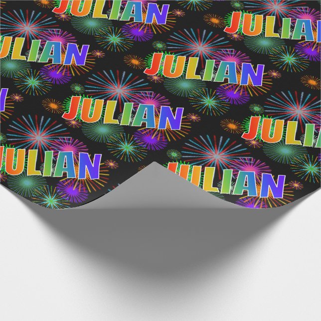 Papier Cadeau Prénom arc-en-ciel "JULIAN" + feux d'artifice (Coin)