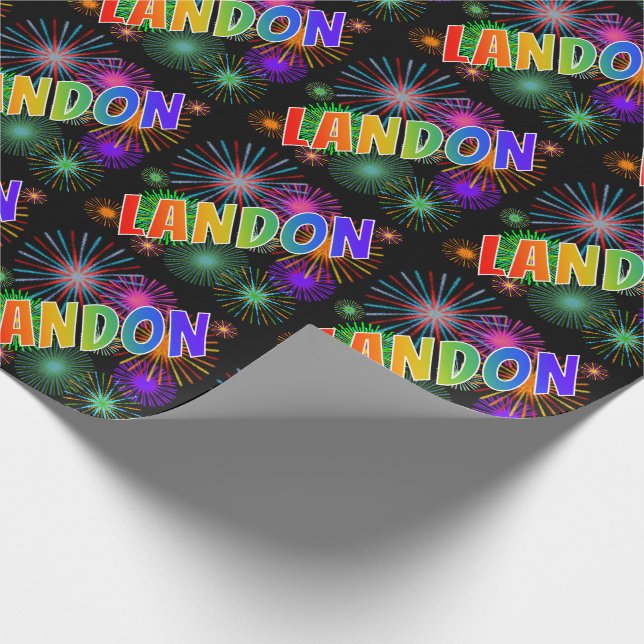Papier Cadeau Prénom arc-en-ciel "LANDON" + feux d'artifice (Coin)